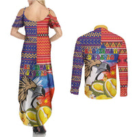 Philippines Kadayawan Couples Matching Summer Maxi Dress and Long Sleeve Button Shirt Filipino Eagle Durian with Polynesian and Igorots Pattern