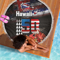 Hawaii Statehood Day Beach Blanket 50th state of the United States Kakau Tattoos and Hibiscus Grunge - Polynesian Pride