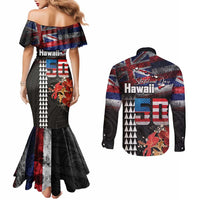 Hawaii Statehood Day Couples Matching Mermaid Dress and Long Sleeve Button Shirt 50th state of the United States Kakau Tattoos and Hibiscus Grunge - Polynesian Pride