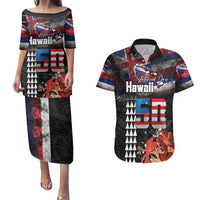 Hawaii Statehood Day Couples Matching Puletasi and Hawaiian Shirt 50th state of the United States Kakau Tattoos and Hibiscus Grunge - Polynesian Pride