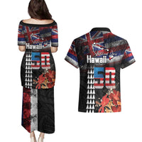 Hawaii Statehood Day Couples Matching Puletasi and Hawaiian Shirt 50th state of the United States Kakau Tattoos and Hibiscus Grunge - Polynesian Pride