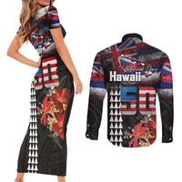 Hawaii Statehood Day Couples Matching Short Sleeve Bodycon Dress and Long Sleeve Button Shirt 50th state of the United States Kakau Tattoos and Hibiscus Grunge - Polynesian Pride
