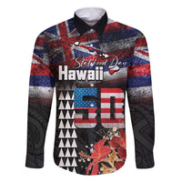 Hawaii Statehood Day Family Matching Off Shoulder Short Dress and Hawaiian Shirt 50th state of the United States Kakau Tattoos and Hibiscus Grunge LT03 Dad's Shirt - Long Sleeve Black - Polynesian Pride