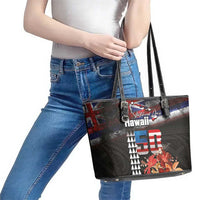 Hawaii Statehood Day Leather Tote Bag 50th state of the United States Kakau Tattoos and Hibiscus Grunge - Polynesian Pride