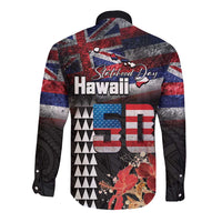 Hawaii Statehood Day Long Sleeve Button Shirt 50th state of the United States Kakau Tattoos and Hibiscus Grunge - Polynesian Pride