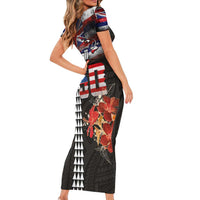 Hawaii Statehood Day Short Sleeve Bodycon Dress 50th state of the United States Kakau Tattoos and Hibiscus Grunge - Polynesian Pride