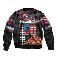 Hawaii Statehood Day Sleeve Zip Bomber Jacket 50th state of the United States Kakau Tattoos and Hibiscus Grunge - Polynesian Pride