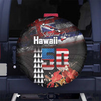 Hawaii Statehood Day Spare Tire Cover 50th state of the United States Kakau Tattoos and Hibiscus Grunge - Polynesian Pride