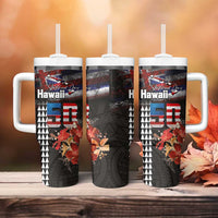 Hawaii Statehood Day Tumbler With Handle 50th state of the United States Kakau Tattoos and Hibiscus Grunge - Polynesian Pride