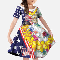 Hawaii and United States Together Family Matching Long Sleeve Bodycon Dress and Hawaiian Shirt Seal of Hawaii and Bald Eagle LT03 Daughter's Dress White - Polynesian Pride