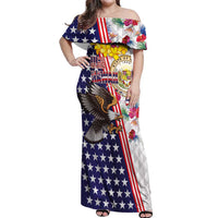 Hawaii and United States Together Off Shoulder Maxi Dress Seal of Hawaii and Bald Eagle - Polynesian Pride