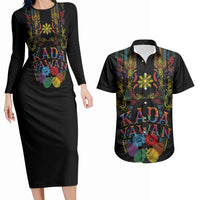 Philippines Kadayawan Festival Couples Matching Long Sleeve Bodycon Dress and Hawaiian Shirt Polynesian Tribal Art Barong Style LT03 Black - Polynesian Pride