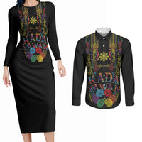Philippines Kadayawan Festival Couples Matching Long Sleeve Bodycon Dress and Long Sleeve Button Shirt Polynesian Tribal Art Barong Style LT03 Black - Polynesian Pride