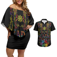 Philippines Kadayawan Festival Couples Matching Off Shoulder Short Dress and Hawaiian Shirt Polynesian Tribal Art Barong Style LT03 Black - Polynesian Pride