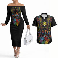 Philippines Kadayawan Festival Couples Matching Off The Shoulder Long Sleeve Dress and Hawaiian Shirt Polynesian Tribal Art Barong Style LT03 Black - Polynesian Pride