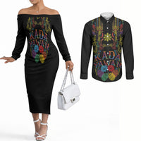 Philippines Kadayawan Festival Couples Matching Off The Shoulder Long Sleeve Dress and Long Sleeve Button Shirt Polynesian Tribal Art Barong Style LT03 Black - Polynesian Pride