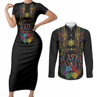 Philippines Kadayawan Festival Couples Matching Short Sleeve Bodycon Dress and Long Sleeve Button Shirt Polynesian Tribal Art Barong Style LT03 Black - Polynesian Pride