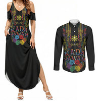 Philippines Kadayawan Festival Couples Matching Summer Maxi Dress and Long Sleeve Button Shirt Polynesian Tribal Art Barong Style LT03 Black - Polynesian Pride