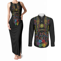 Philippines Kadayawan Festival Couples Matching Tank Maxi Dress and Long Sleeve Button Shirt Polynesian Tribal Art Barong Style LT03 Black - Polynesian Pride