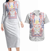 Philippines Barong Style Couples Matching Long Sleeve Bodycon Dress and Hawaiian Shirt Polynesian Kakau Art Tattoos with Tribal Filipino Sun LT03 White - Polynesian Pride