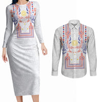 Philippines Barong Style Couples Matching Long Sleeve Bodycon Dress and Long Sleeve Button Shirt Polynesian Kakau Art Tattoos with Tribal Filipino Sun LT03 White - Polynesian Pride