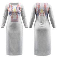 Philippines Barong Style Couples Matching Long Sleeve Bodycon Dress and Long Sleeve Button Shirt Polynesian Kakau Art Tattoos with Tribal Filipino Sun LT03 - Polynesian Pride