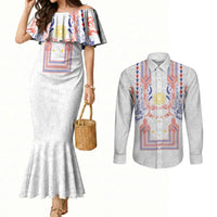 Philippines Barong Style Couples Matching Mermaid Dress and Long Sleeve Button Shirt Polynesian Kakau Art Tattoos with Tribal Filipino Sun LT03 White - Polynesian Pride