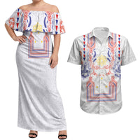 Philippines Barong Style Couples Matching Off Shoulder Maxi Dress and Hawaiian Shirt Polynesian Kakau Art Tattoos with Tribal Filipino Sun LT03 White - Polynesian Pride
