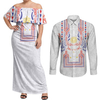 Philippines Barong Style Couples Matching Off Shoulder Maxi Dress and Long Sleeve Button Shirt Polynesian Kakau Art Tattoos with Tribal Filipino Sun LT03 White - Polynesian Pride