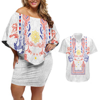 Philippines Barong Style Couples Matching Off Shoulder Short Dress and Hawaiian Shirt Polynesian Kakau Art Tattoos with Tribal Filipino Sun