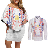 Philippines Barong Style Couples Matching Off Shoulder Short Dress and Long Sleeve Button Shirt Polynesian Kakau Art Tattoos with Tribal Filipino Sun