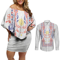 Philippines Barong Style Couples Matching Off Shoulder Short Dress and Long Sleeve Button Shirt Polynesian Kakau Art Tattoos with Tribal Filipino Sun LT03 White - Polynesian Pride
