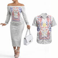 Philippines Barong Style Couples Matching Off The Shoulder Long Sleeve Dress and Hawaiian Shirt Polynesian Kakau Art Tattoos with Tribal Filipino Sun LT03 White - Polynesian Pride