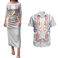 Philippines Barong Style Couples Matching Puletasi and Hawaiian Shirt Polynesian Kakau Art Tattoos with Tribal Filipino Sun LT03 White - Polynesian Pride