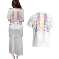 Philippines Barong Style Couples Matching Puletasi and Hawaiian Shirt Polynesian Kakau Art Tattoos with Tribal Filipino Sun