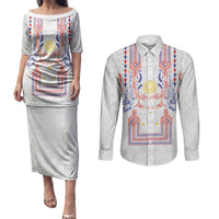 Philippines Barong Style Couples Matching Puletasi and Long Sleeve Button Shirt Polynesian Kakau Art Tattoos with Tribal Filipino Sun LT03 White - Polynesian Pride