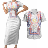 Philippines Barong Style Couples Matching Short Sleeve Bodycon Dress and Hawaiian Shirt Polynesian Kakau Art Tattoos with Tribal Filipino Sun LT03 White - Polynesian Pride