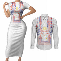 Philippines Barong Style Couples Matching Short Sleeve Bodycon Dress and Long Sleeve Button Shirt Polynesian Kakau Art Tattoos with Tribal Filipino Sun LT03 White - Polynesian Pride
