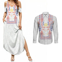 Philippines Barong Style Couples Matching Summer Maxi Dress and Long Sleeve Button Shirt Polynesian Kakau Art Tattoos with Tribal Filipino Sun LT03 White - Polynesian Pride