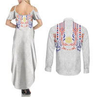 Philippines Barong Style Couples Matching Summer Maxi Dress and Long Sleeve Button Shirt Polynesian Kakau Art Tattoos with Tribal Filipino Sun