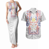 Philippines Barong Style Couples Matching Tank Maxi Dress and Hawaiian Shirt Polynesian Kakau Art Tattoos with Tribal Filipino Sun LT03 White - Polynesian Pride