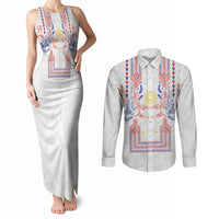 Philippines Barong Style Couples Matching Tank Maxi Dress and Long Sleeve Button Shirt Polynesian Kakau Art Tattoos with Tribal Filipino Sun LT03 White - Polynesian Pride
