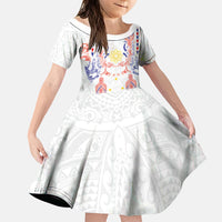 Philippines Barong Style Family Matching Off The Shoulder Long Sleeve Dress and Hawaiian Shirt Polynesian Kakau Art Tattoos with Tribal Filipino Sun