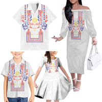 Philippines Barong Style Family Matching Off The Shoulder Long Sleeve Dress and Hawaiian Shirt Polynesian Kakau Art Tattoos with Tribal Filipino Sun