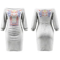 Philippines Barong Style Family Matching Off The Shoulder Long Sleeve Dress and Hawaiian Shirt Polynesian Kakau Art Tattoos with Tribal Filipino Sun LT03 Mom's Dress White - Polynesian Pride
