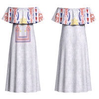Philippines Barong Style Family Matching Off Shoulder Maxi Dress and Hawaiian Shirt Polynesian Kakau Art Tattoos with Tribal Filipino Sun LT03 Mom's Dress White - Polynesian Pride