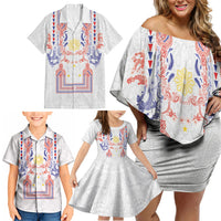 Philippines Barong Style Family Matching Off Shoulder Short Dress and Hawaiian Shirt Polynesian Kakau Art Tattoos with Tribal Filipino Sun LT03 - Polynesian Pride