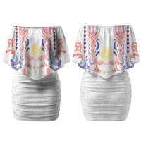 Philippines Barong Style Family Matching Off Shoulder Short Dress and Hawaiian Shirt Polynesian Kakau Art Tattoos with Tribal Filipino Sun LT03 Mom's Dress White - Polynesian Pride