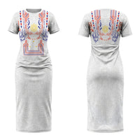 Philippines Barong Style Family Matching Short Sleeve Bodycon Dress and Hawaiian Shirt Polynesian Kakau Art Tattoos with Tribal Filipino Sun LT03 Mom's Dress White - Polynesian Pride