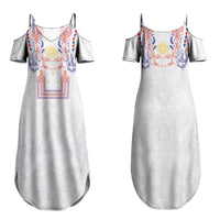 Philippines Barong Style Family Matching Summer Maxi Dress and Hawaiian Shirt Polynesian Kakau Art Tattoos with Tribal Filipino Sun LT03 Mom's Dress White - Polynesian Pride